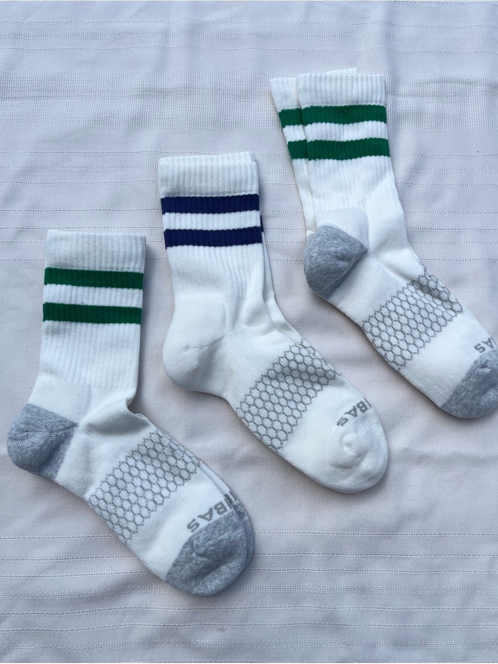 Bombas White Athletic Crew Socks with Green and Navy Stripes - Picture 10 of 14